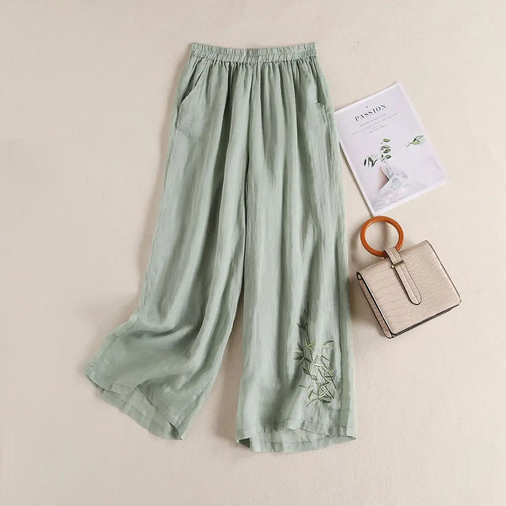 Elegant Embroidered Cotton‑Linen Wide‑Leg Trousers – Cool, Breathable & Stylish-HighTouch
