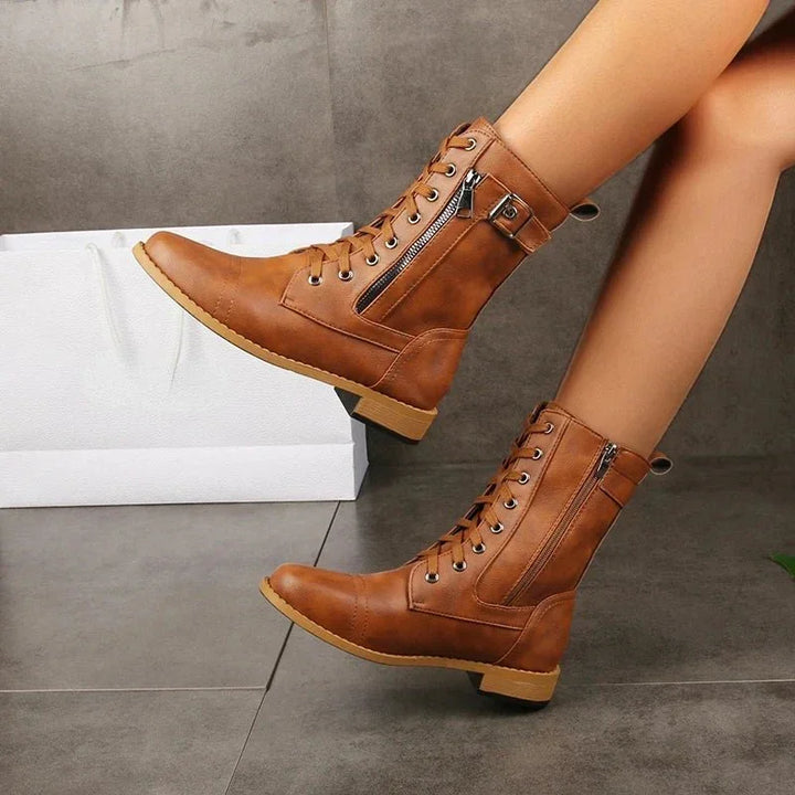 Women's Mid-Calf Lace-Up Boots – Buckle & Zip