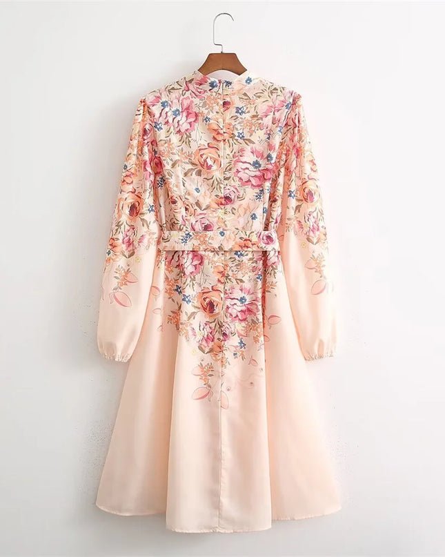 Zach Ailsa Stand-Collar Long-Sleeve Printed with Belt Shirt Style Dress