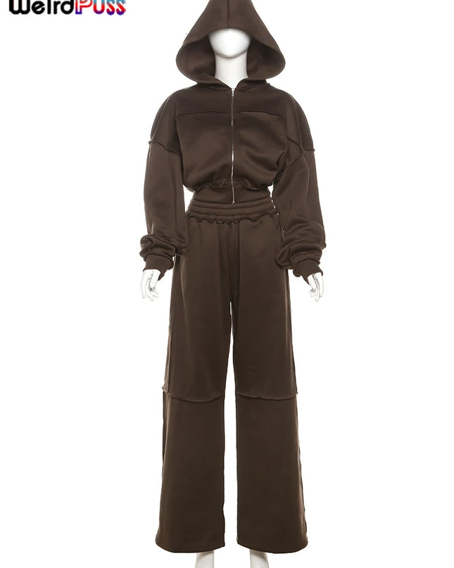 Women’s Panel-Stripe Hoodie & Wide-Leg Tracksuit Set – Sporty Retro Comfort