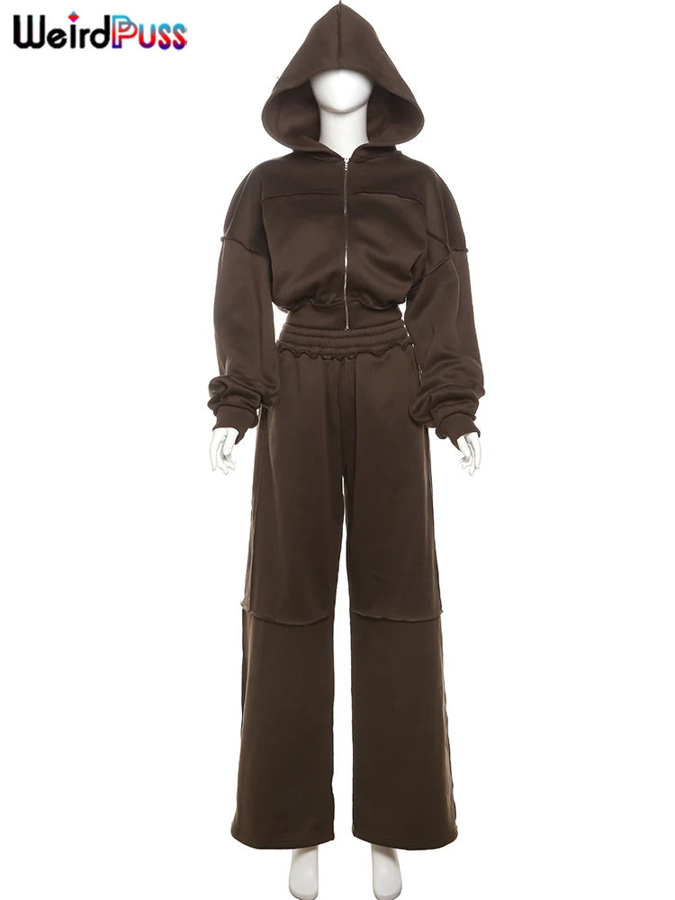 Women’s Panel-Stripe Hoodie & Wide-Leg Tracksuit Set – Sporty Retro Comfort-HighTouch