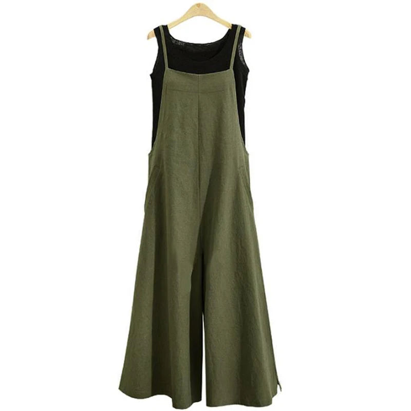Cotton-Linen Wide-Leg Bib Jumpsuit-HighTouch