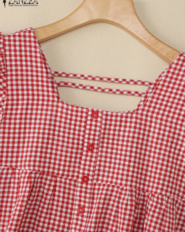 Plaid Ruffle Sleeveless Tunic – Women’s Summer Square Neck Camisole