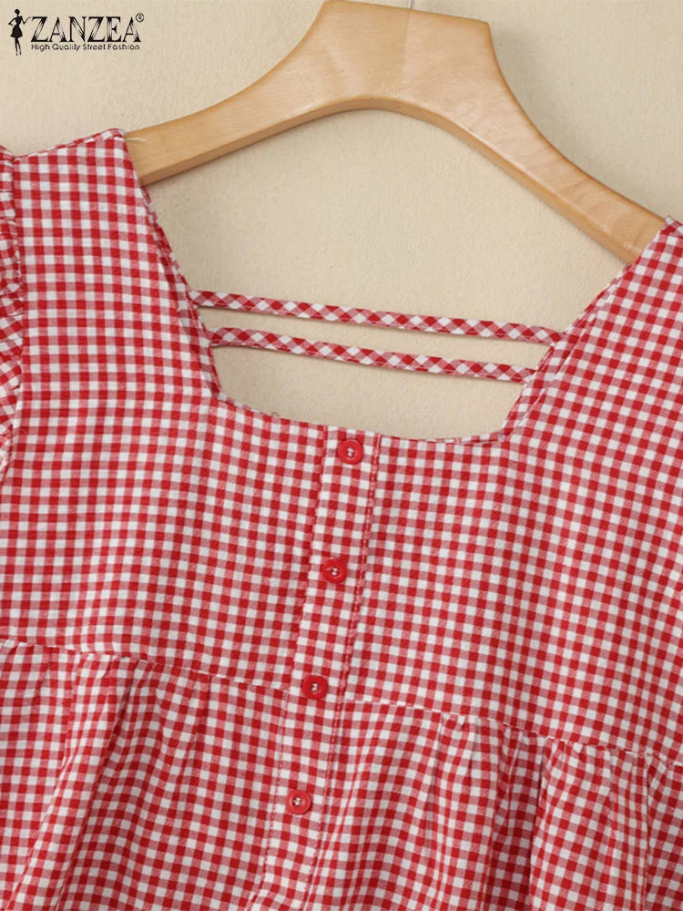 Plaid Ruffle Sleeveless Tunic – Women’s Summer Square Neck Camisole-HighTouch