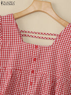 Plaid Ruffle Sleeveless Tunic – Women’s Summer Square Neck Camisole-HighTouch