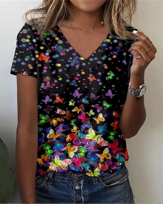Vintage Floral 3D Print V‑Neck Tee – Oversized Harajuku Style