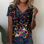 Vintage Floral 3D Print V‑Neck Tee – Oversized Harajuku Style-HighTouch