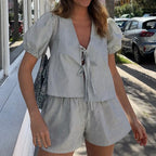 Vintage Plaid Puff-Sleeve Tie-Front Top & High-Waist Shorts Set-HighTouch