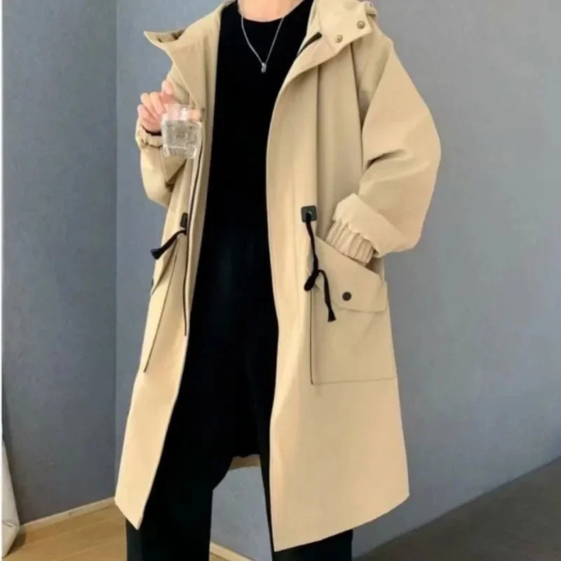 Army Green Hooded Mid-Length Windbreaker Coat Men