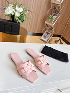 Women’s Genuine Leather Square Toe Summer Slides Casual Slip-On Sandals-HighTouch