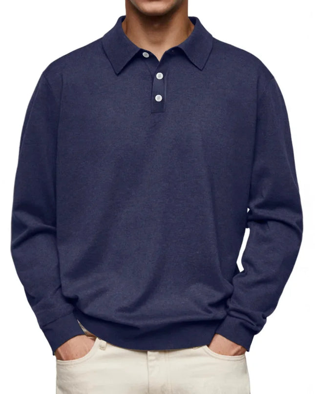 Men’s Long-Sleeve V-Collar Solid Polo Shirt – Loose Fit Casual Knitwear