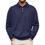 Men’s Long-Sleeve V-Collar Solid Polo Shirt – Loose Fit Casual Knitwear-HighTouch