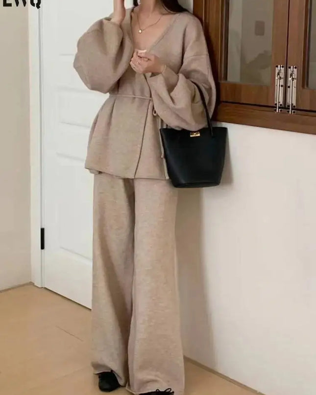 Knit Zip-Up Cardigan & Wide-Leg Pants Set