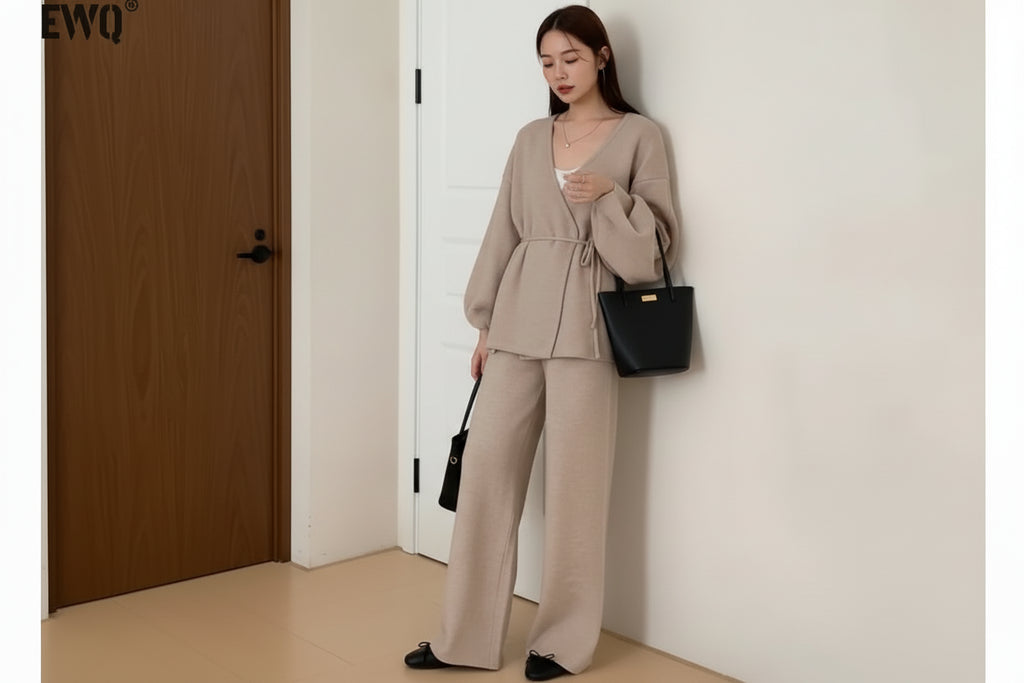 Women’s Knit Matching Set Zip Cardigan Wide Leg Pants Cozy Outfit-HighTouch