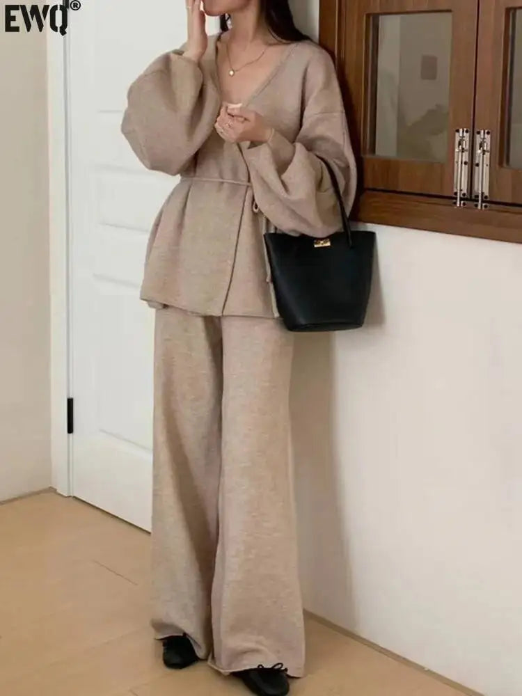 Knit Zip-Up Cardigan & Wide-Leg Pants Set