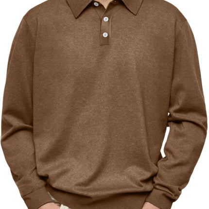 Men’s Long-Sleeve V-Collar Solid Polo Shirt – Loose Fit Casual Knitwear