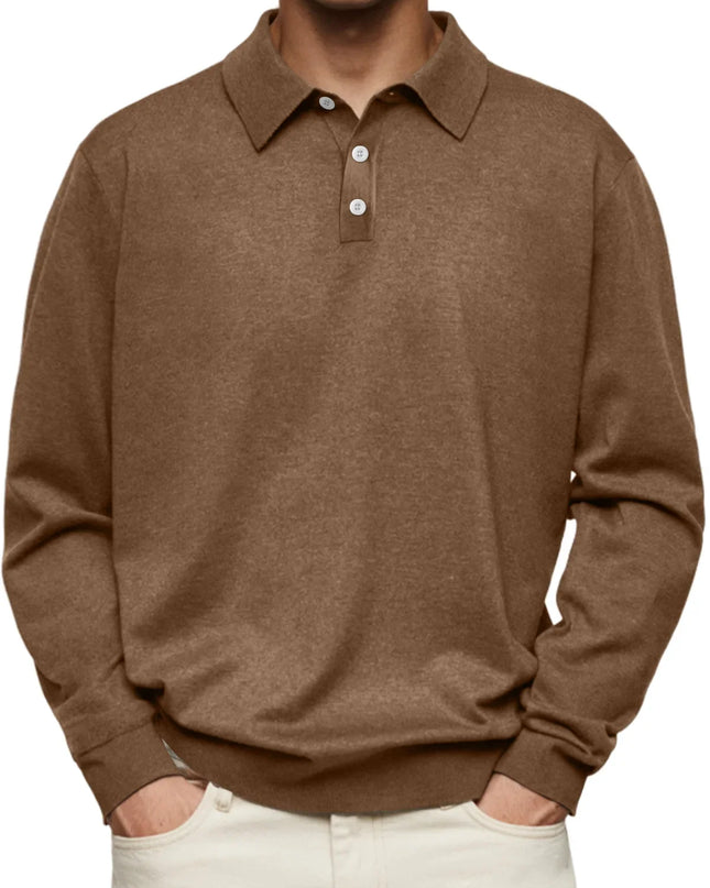 Men’s Long-Sleeve V-Collar Solid Polo Shirt – Loose Fit Casual Knitwear