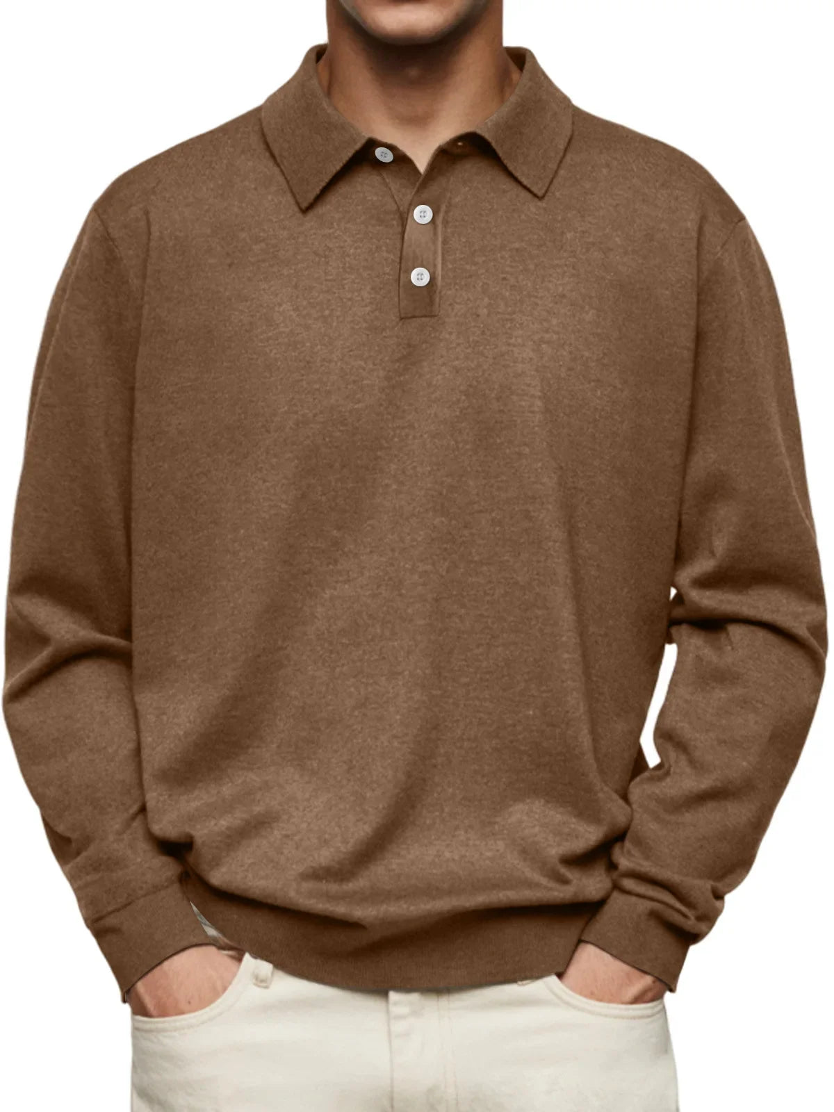 Men’s Long-Sleeve V-Collar Solid Polo Shirt – Loose Fit Casual Knitwear