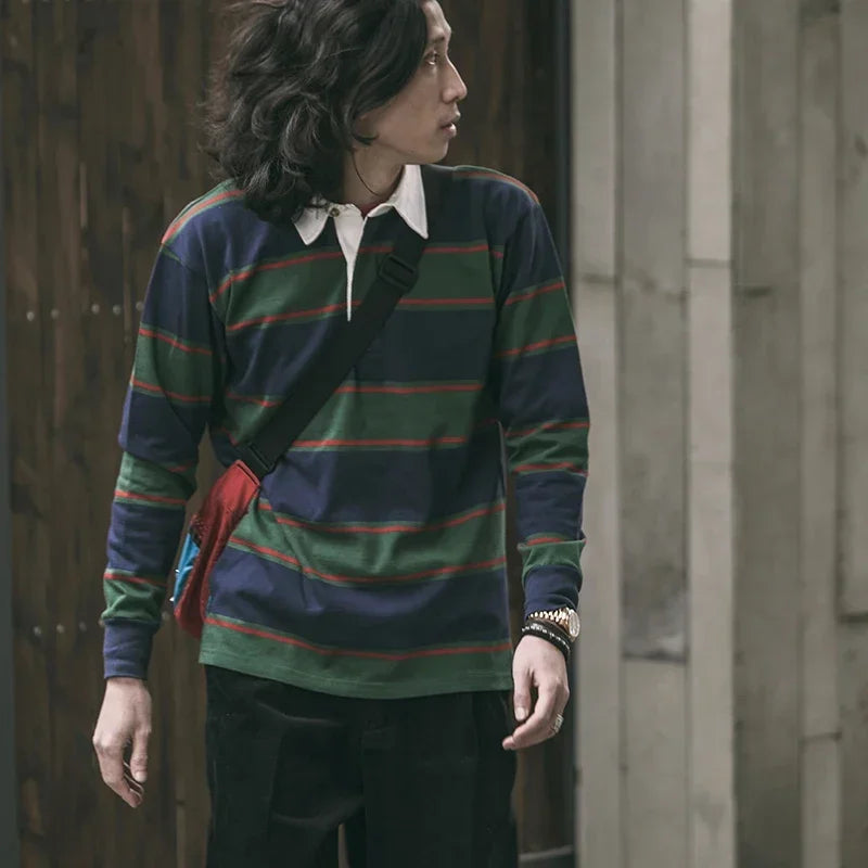 Non Stock Ivy League Fashion Striped Polo Shirt Retro Preppy Style Men's Long-Sleeve Tee