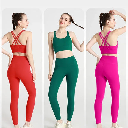 Summer New 2 Piece Yoga Clothes  Women's Tracksuit Athletic Cross Back Nylon Yoga Top Women Sports Bra Leggings Pilates Fitness