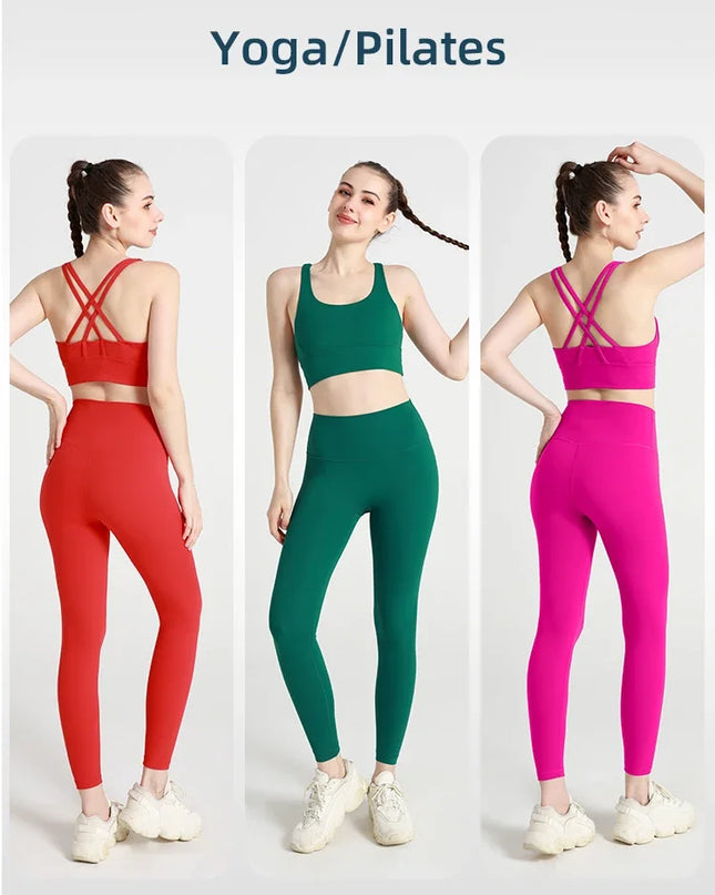 Summer New 2 Piece Yoga Clothes  Women's Tracksuit Athletic Cross Back Nylon Yoga Top Women Sports Bra Leggings Pilates Fitness