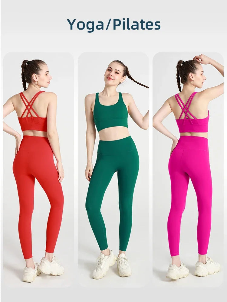 Summer New 2 Piece Yoga Clothes Women's Tracksuit Athletic Cross Back Nylon Yoga Top Women Sports Bra Leggings Pilates Fitness-HighTouch