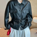 Retro Polo‑Collar Belted Leather Moto Jacket for Women-HighTouch