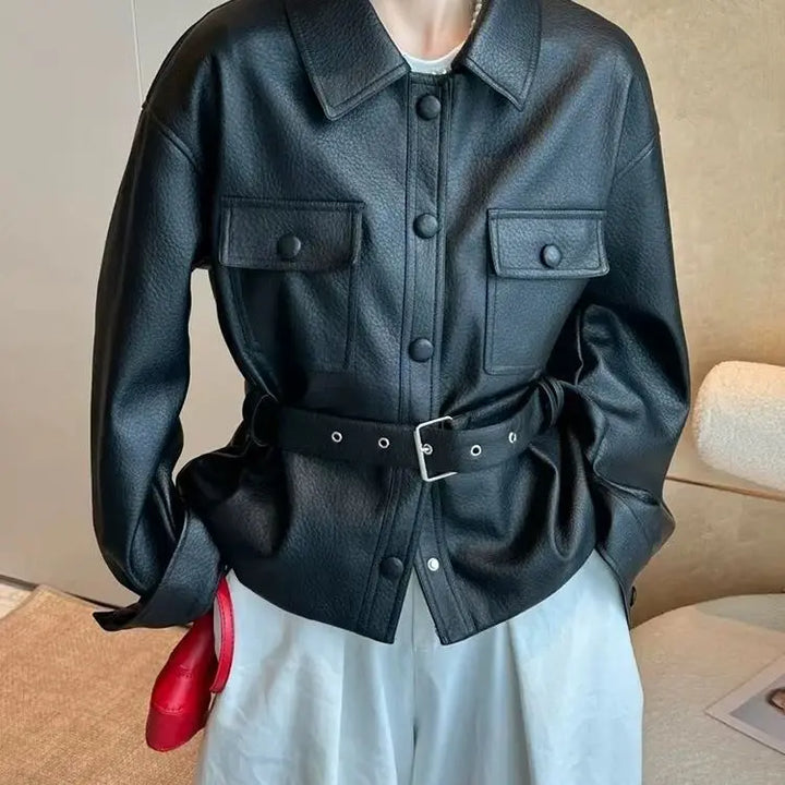 Retro Polo‑Collar Belted Leather Moto Jacket for Women-HighTouch