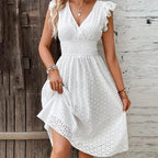 V‑Neck Hollow‑Lace Flare Sleeve Beach Midi Dress-HighTouch
