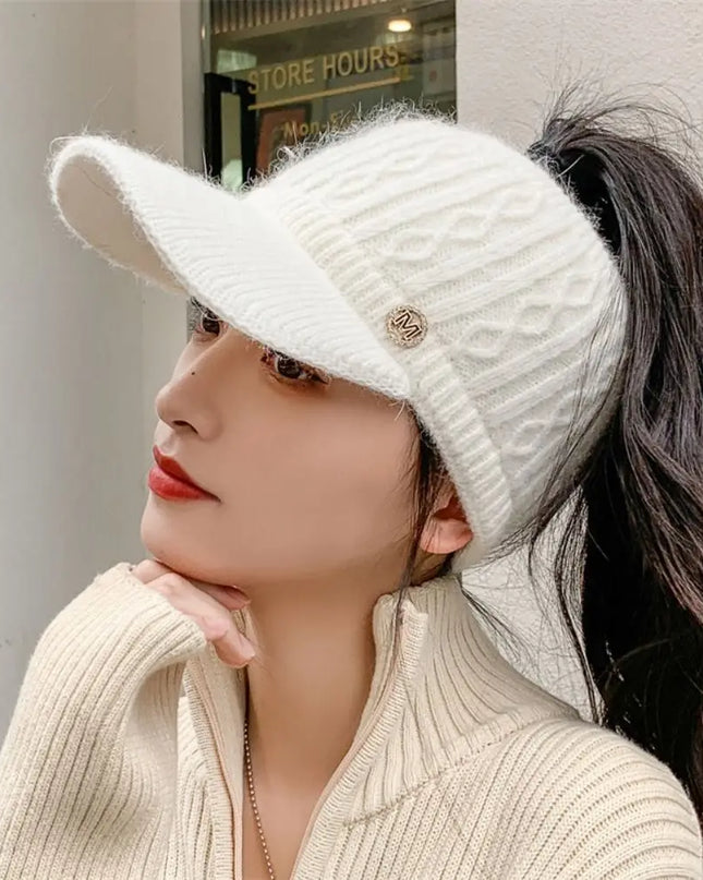 Rabbit Fur-Lined Knit Beanie with Open Top