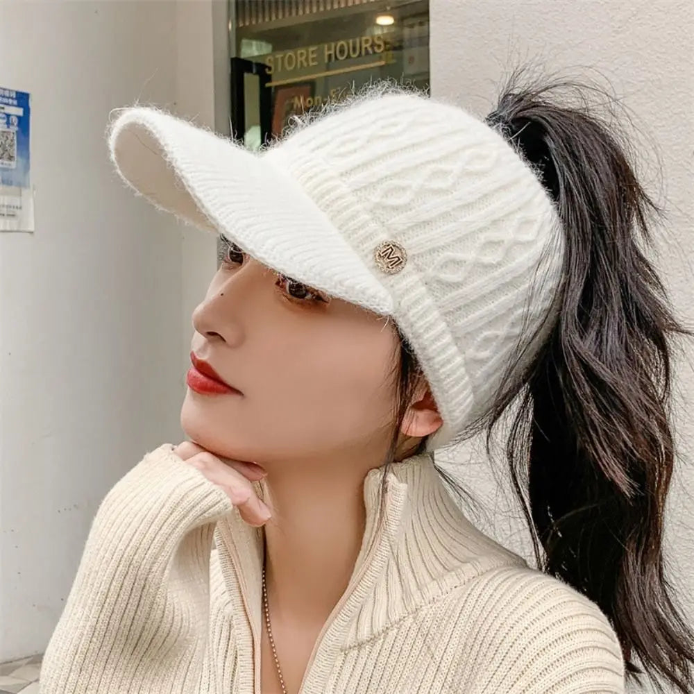 Rabbit Fur-Lined Knit Beanie with Open Top-HighTouch