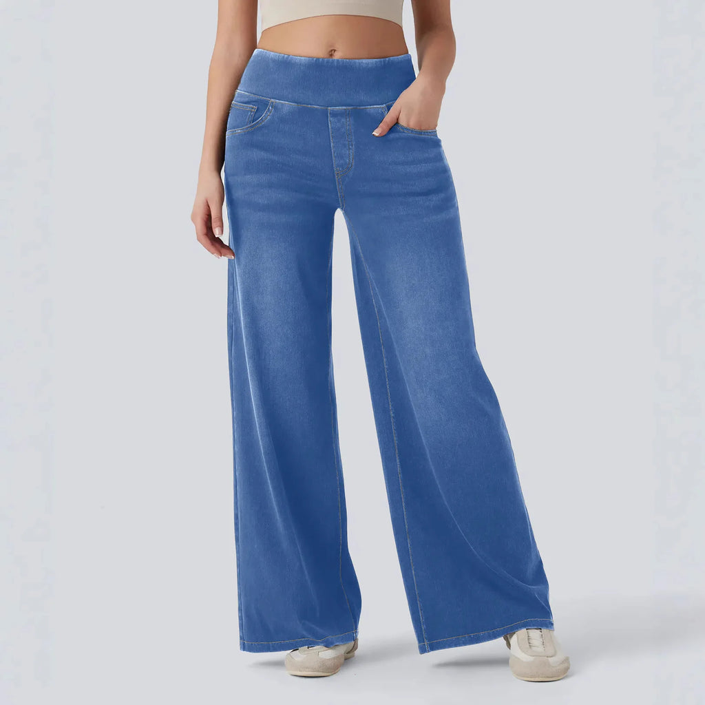 Women’s High-Waist Wide-Leg Zip Denim Jeans Casual Pants-HighTouch