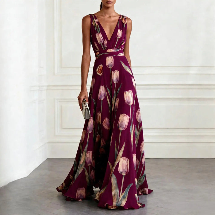 Josephina | Tulip Print V-Neck Maxi Wedding Guest Dress