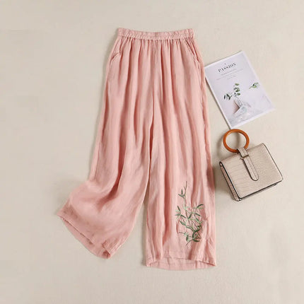 Elegant Embroidered Cotton‑Linen Wide‑Leg Trousers – Cool, Breathable & Stylish
