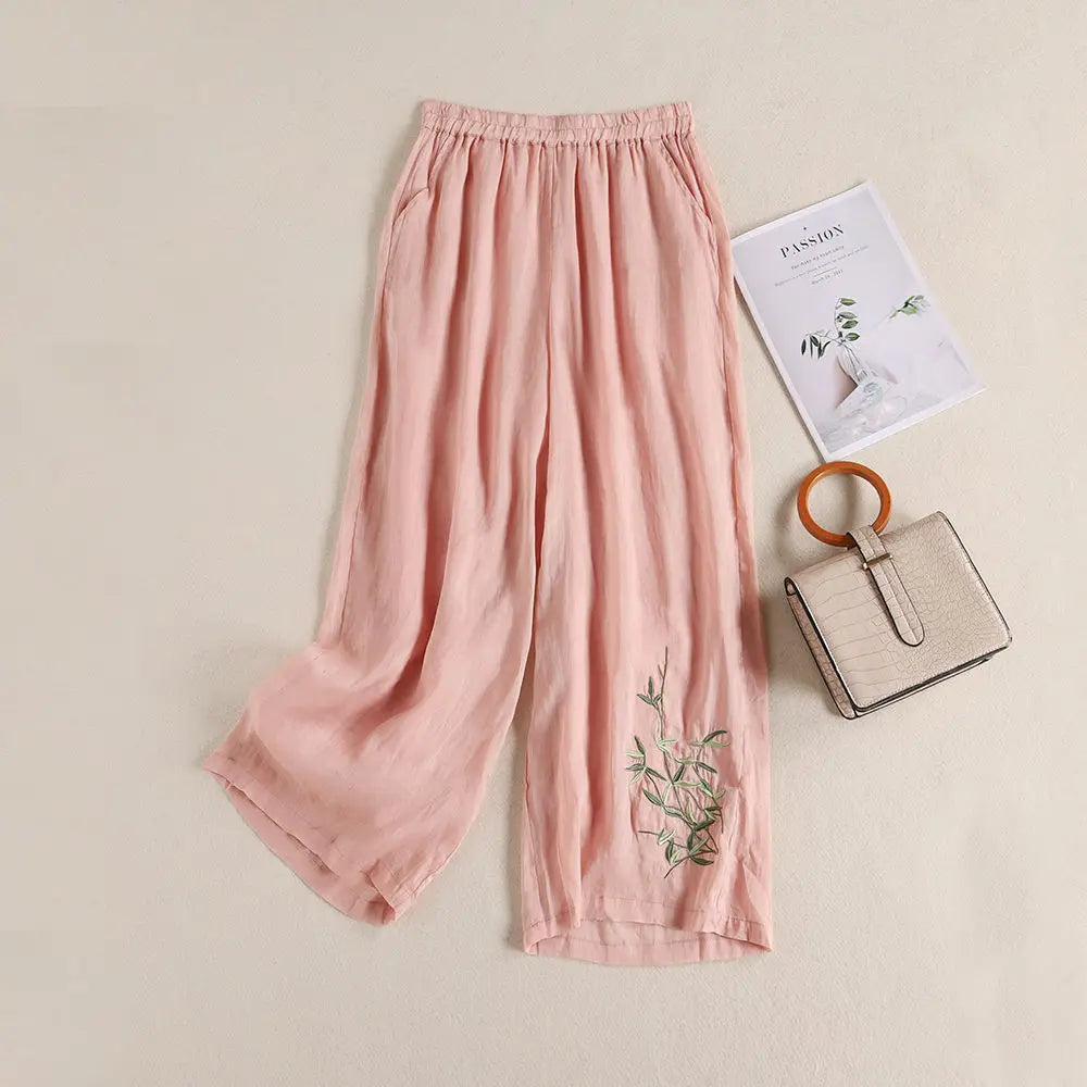 Elegant Embroidered Cotton‑Linen Wide‑Leg Trousers – Cool, Breathable & Stylish-HighTouch
