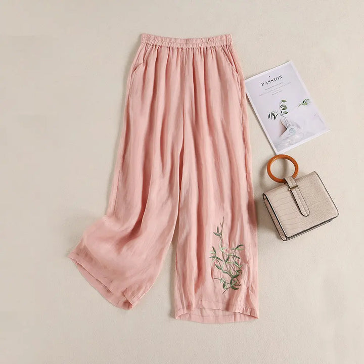 Elegant Embroidered Cotton‑Linen Wide‑Leg Trousers – Cool, Breathable & Stylish-HighTouch