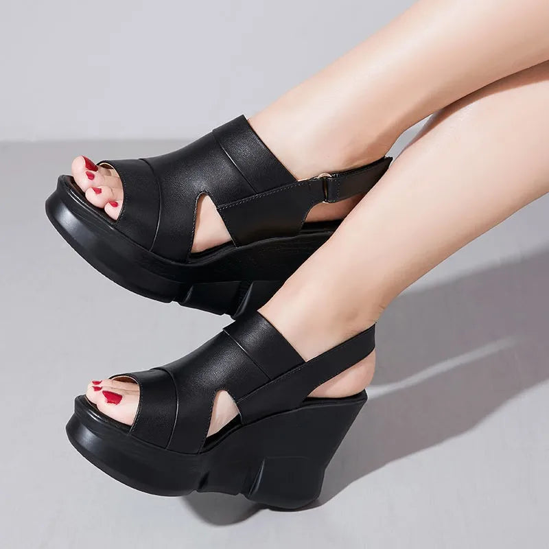 Women’s Cowhide Wedge Slides Summer Casual Slip-On Sandals-HighTouch