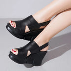 Women’s Cowhide Wedge Slides Summer Casual Slip-On Sandals-HighTouch