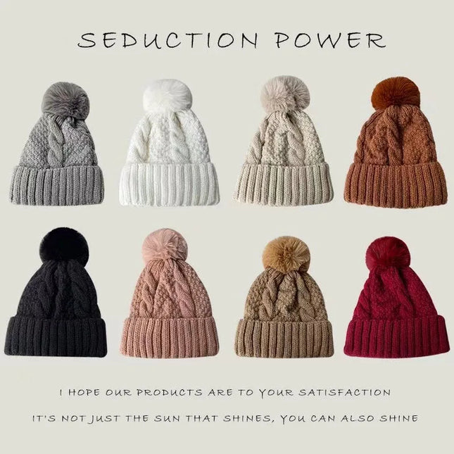 Twist-Knitted Women’s Winter Beanie with Fur Pom-Pom