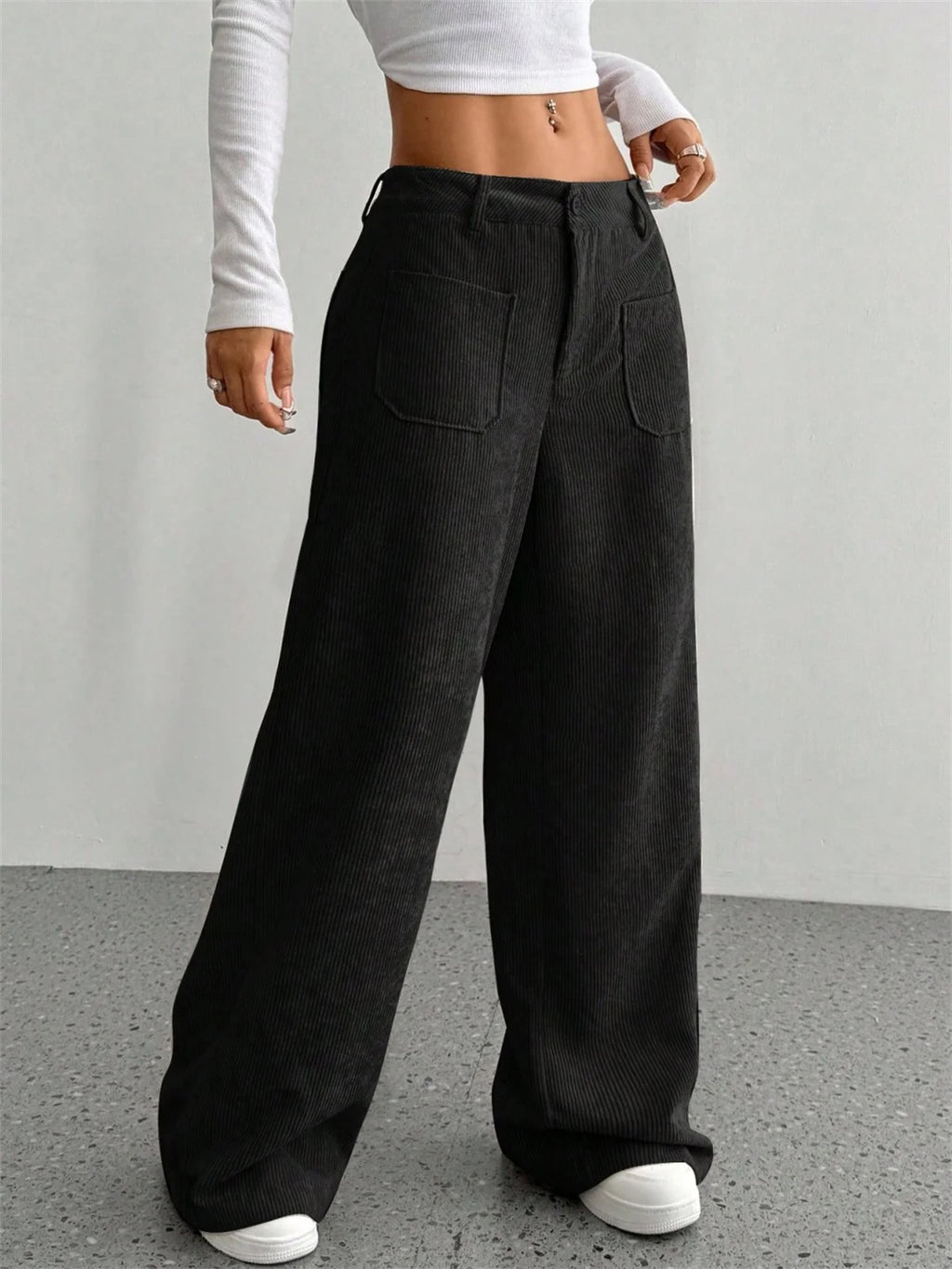 High-Waist Wide-Leg Corduroy Trousers-HighTouch