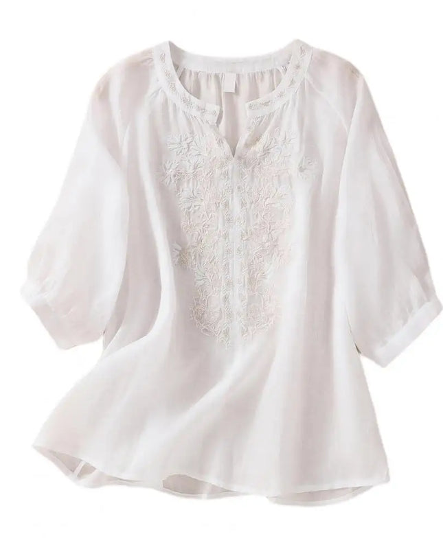 Embroidered Linen Cotton Blouse – Casual 3/4 Sleeve Women’s Top