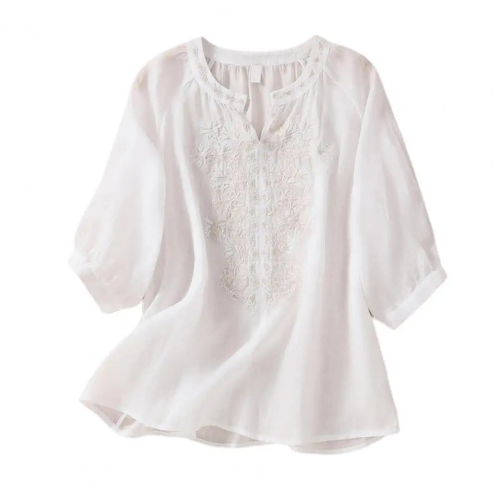 Geborduurde linnen polyester blouse – Informeel damesshirt met driekwartmouw