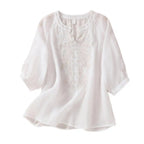 Embroidered Linen Polyster Blouse – Casual 3/4 Sleeve Women’s Top-HighTouch