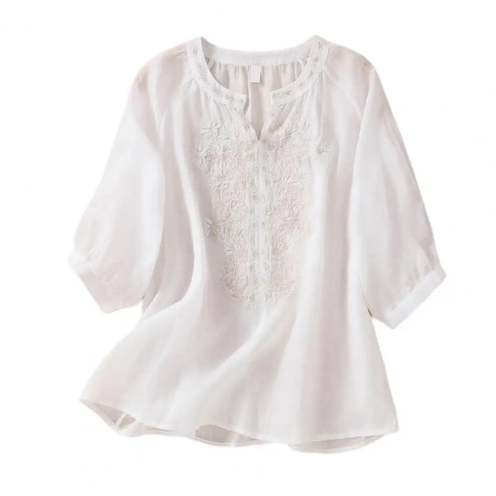 Embroidered Linen Polyster Blouse – Casual 3/4 Sleeve Women’s Top-HighTouch