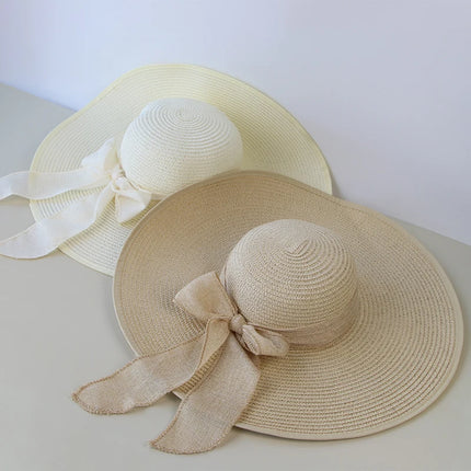 Wide-Brim Straw Fedora with Bowknot – Packable Summer Sun Hat