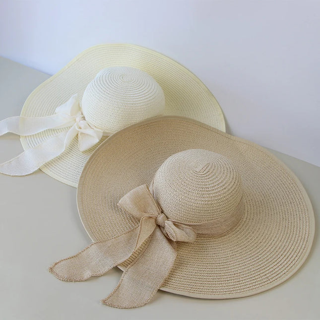 Wide-Brim Straw Fedora with Bowknot – Packable Summer Sun Hat