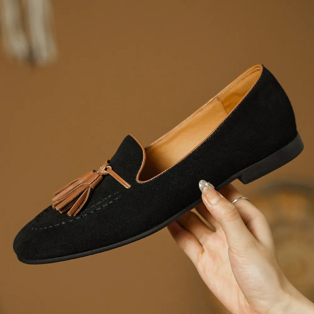 Ballerine mocassino da donna in camoscio naturale con frange