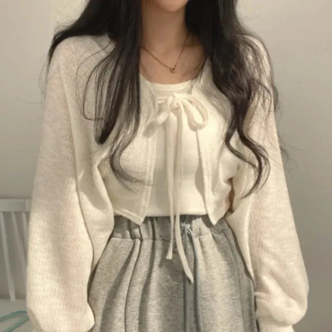 Breathable Lace‑Up Lantern Sleeve Cardigan – Summer Sunscreen Shawl