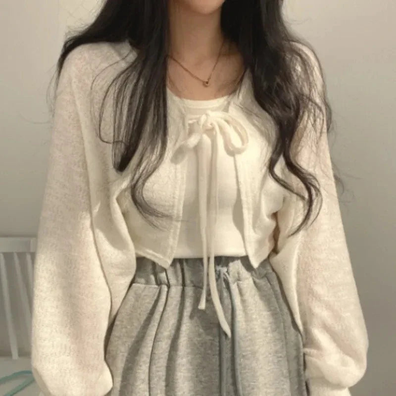 Breathable Lace‑Up Lantern Sleeve Cardigan – Summer Sunscreen Shawl-HighTouch
