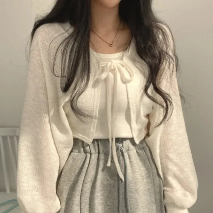 Breathable Lace‑Up Lantern Sleeve Cardigan – Summer Sunscreen Shawl-HighTouch